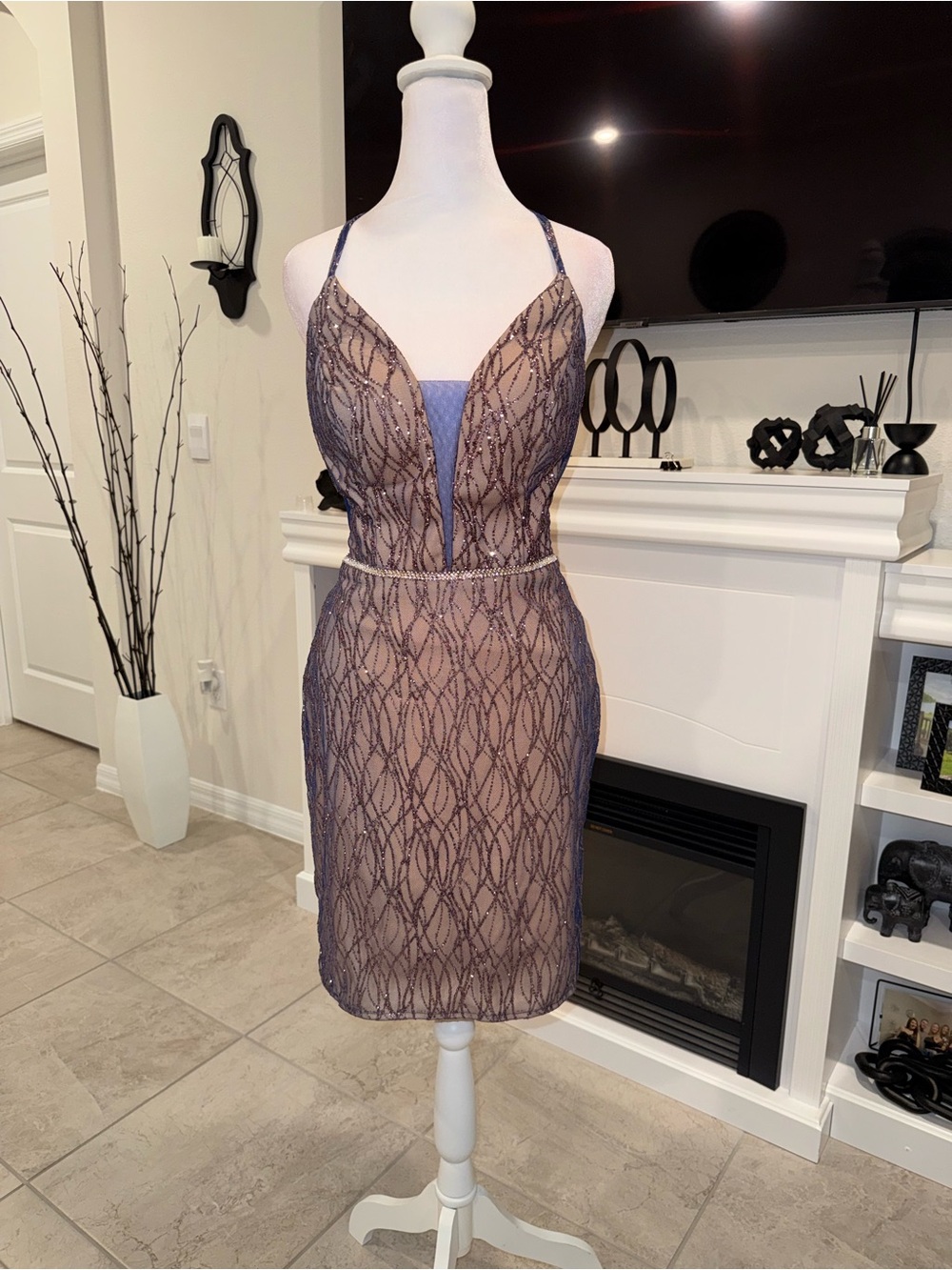 Elizabeth K Plunging V-Neck Lace-Overlay Mini Dress in Dusty Blue Size M